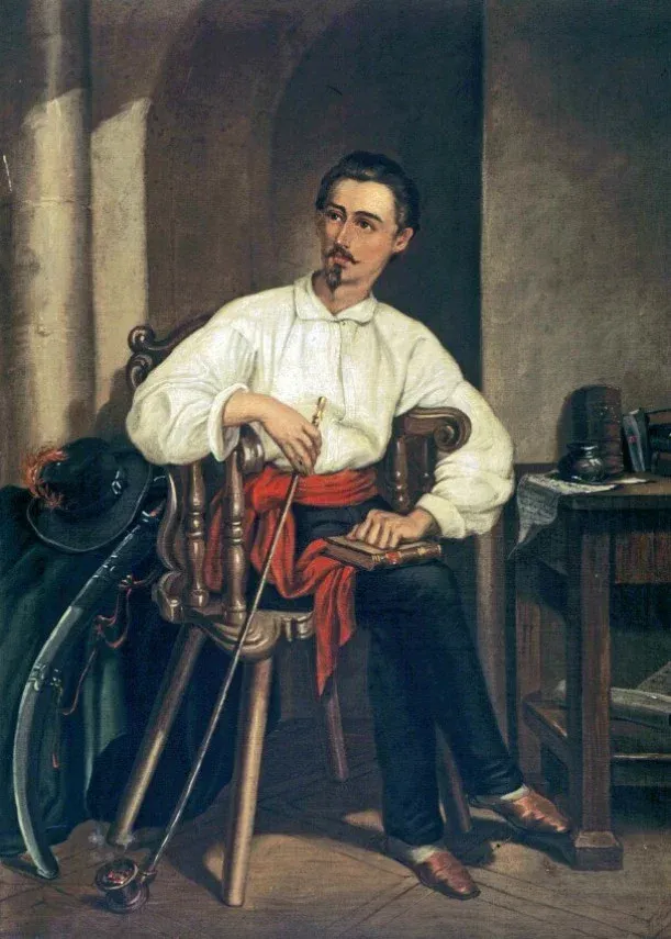 Sándor Petőfi in Mezőberény. Oil painting by Soma Orlai Petrich, summer 1849. This was the last living portrait of the poet. Petőfi was considering withdrawing from politics when Gábor Egressy persuaded him to leave Mezőberény, and together they set off for Transylvania on a journey that would later prove fatal.