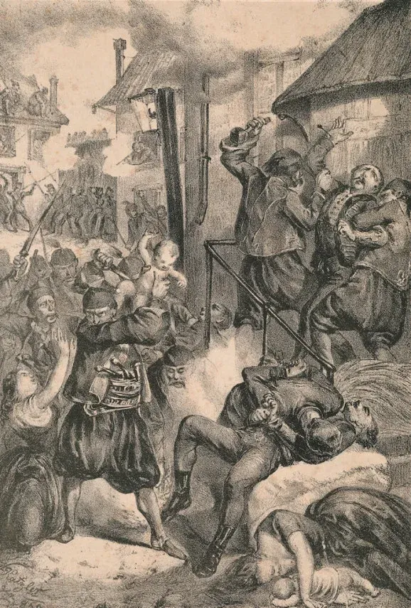 A scene from the siege of Fehértemplom, August 19, 1848. The atrocities of the civil war in southern Hungary were reminiscent of the brutal actions in the Vendée during the French Revolution.
