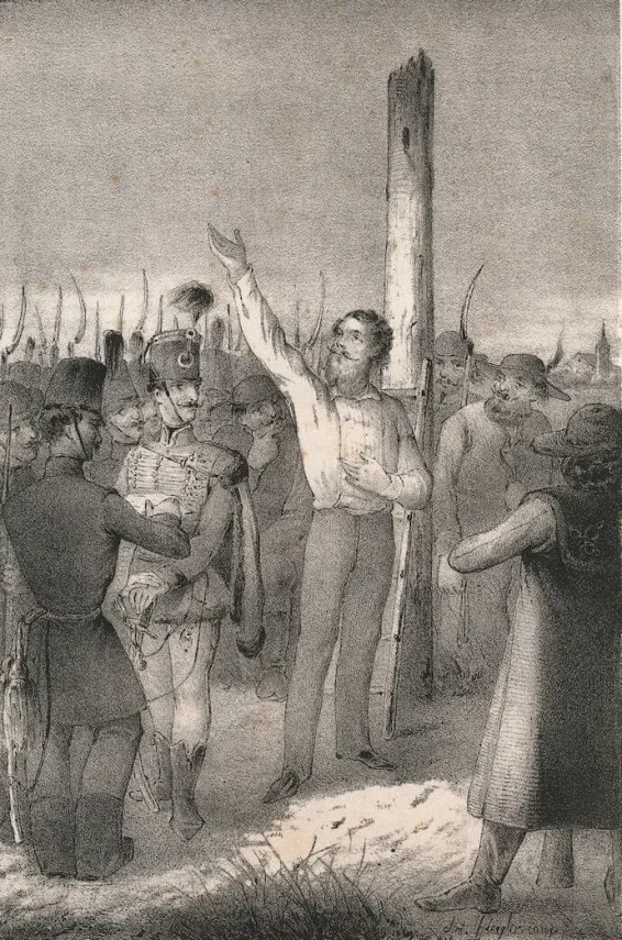 The execution of Count Ödön Zichy (1809–1848), the former Lord Lieutenant (főispán) of Fejér County, on Csepel Island, near Budapest, on September 30, 1848. The count was sentenced to death by a military tribunal in accordance with legal procedures.