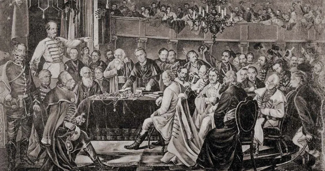 A meeting of the Croatian Sabor in Zagreb, 1848. Print after a painting by an unknown artist.