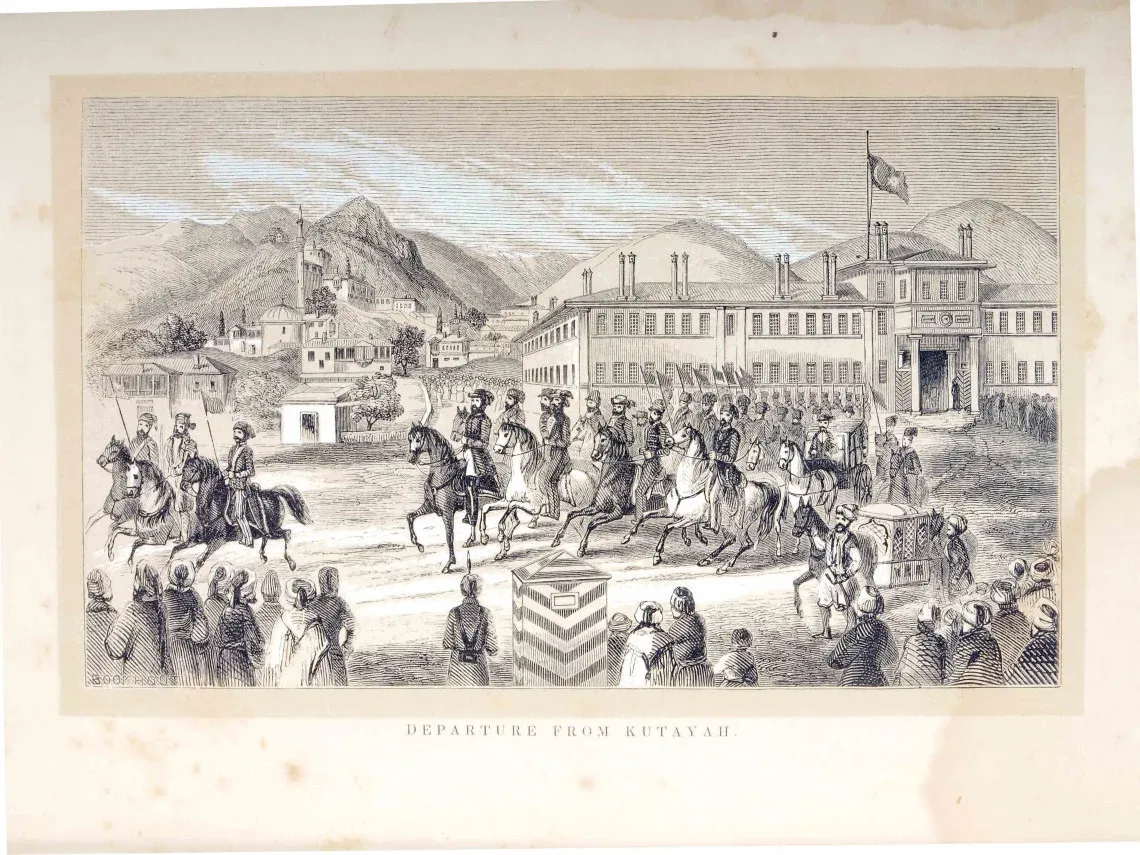 Kossuth and his entourage leaving Kütahya, September 1, 1851. The departure of the former Hungarian governor-president and other émigrés was made possible by the United States sending a ship to bring them to America for a visit. Lithograph by an unknown master
