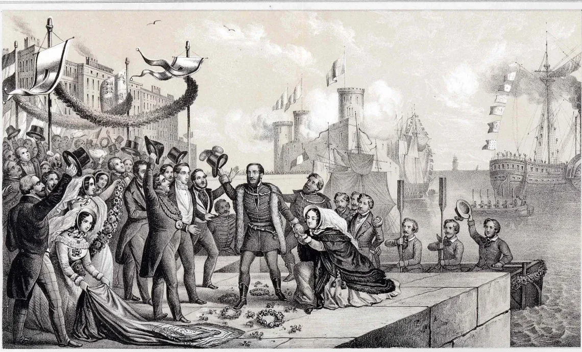 Kossuth’s arrival in Southampton, England, on October 23, 1851. The former head of state departed Ottoman territory aboard the steamer Mississippi before transferring to the mail ship Madrid in Gibraltar on October 15, whence he continued on his journey to England. Lithograph, artist unknown, 1851