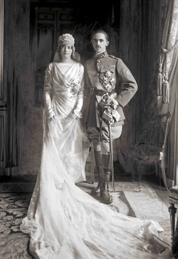 Wedding portrait of Sixtus, Duke of Bourbon-Parma, and Hedwige de La Rochefoucauld in 1919. The prince (1886–1934) was the brother of Zita, Empress of Austria and Queen of Hungary, and played a pivotal role in his brother-in-law’s attempts to establish a separate peace in 1917