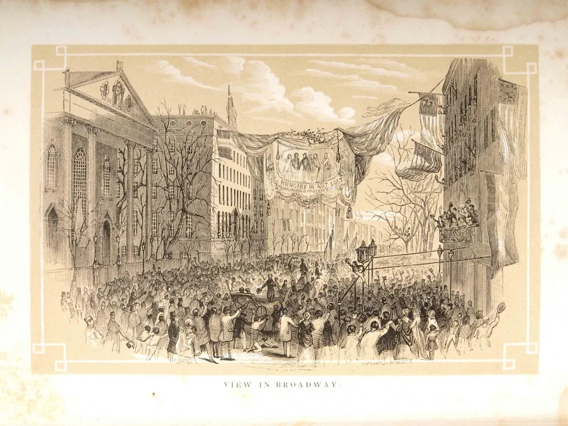 Kossuth’s triumphal procession on New York’s Broadway, on December 6, 1851. The former Hungarian leader left Southampton for America on November 20, 1851, to thank the American people for the help in obtaining his freedom. The Americans received Kossuth with respect almost befitting a sitting head of state. The banner in the picture reads “Hungary is not lost” and is a paraphrase of the opening line of the Polish national anthem Mazurek Dąbrowskiego, which states “Poland is not lost.” Lithograph by an unknown artist