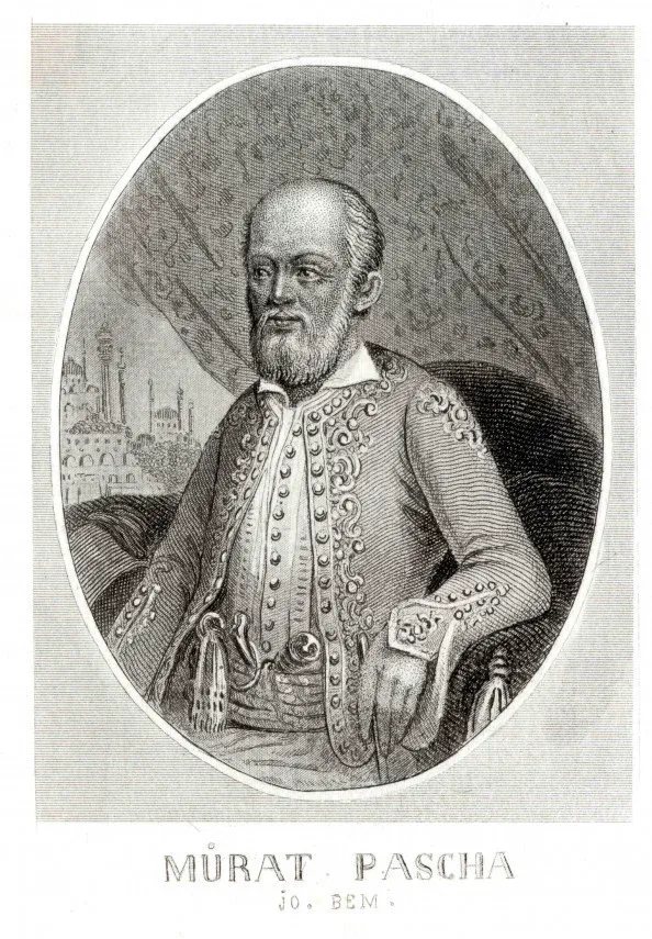 Józef Bem as “Murad Pasha.” Bem believed that as a general in the Turkish Army, the worsening state of Russian-Austrian-Turkish relations might present him the opportunity of fighting against the great powers that had suppressed the Hungarian War of Independence. Steel engraving by an unknown artist