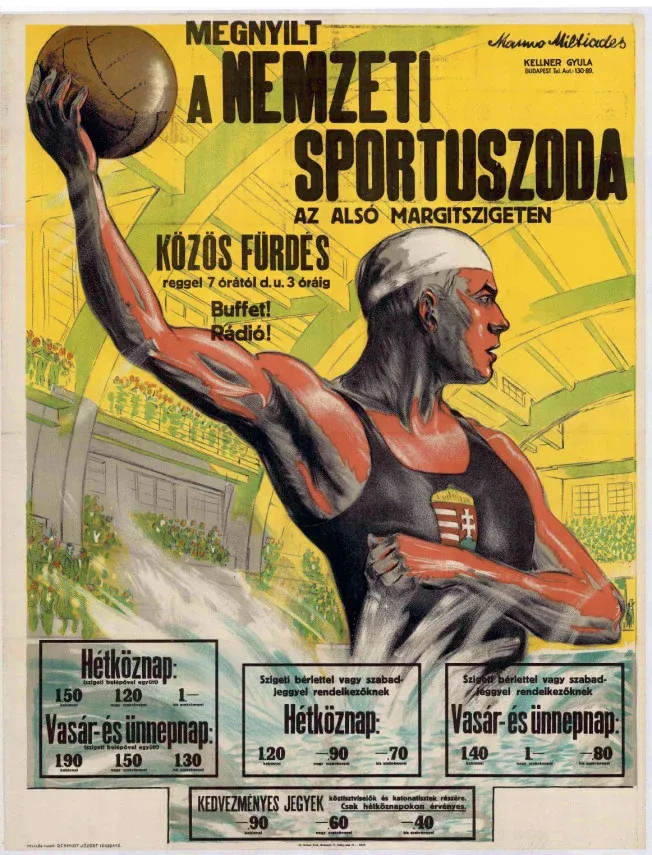 Poster announcing the opening of the National Sports Swimming Pool, 1930. The pool was designed by Alfréd Hajós, Hungary’s first Olympic champion, while the poster issued for the opening was created by Miltiades Manno (1879–1935), a graphic artist, painter, and sculptor. Manno was also the top scorer in the first two seasons of the Hungarian National Football League. Hajós and Manno were both members of the Budapest Gymnastics Club football team (BTC), which won the league championship in 1901 and 1902. Hajós went on to win a silver medal in architecture while Manno earned the silver in sculpture in the official art competitions—known as the Pentathlon of the Muses—at the 1924 Paris and 1932 Los Angeles Olympics, respectively.