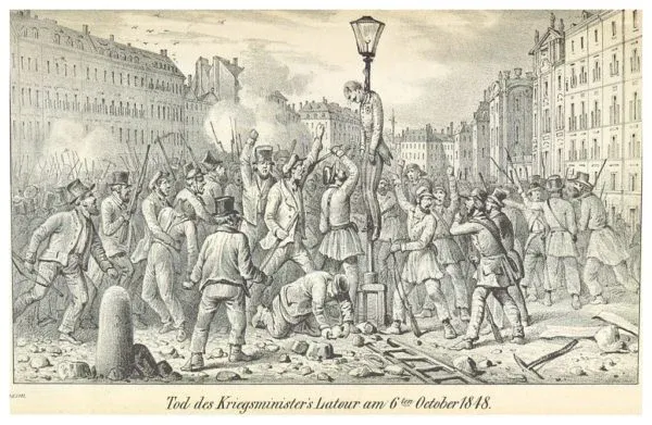 Theodor Baillet von Latour osztrák hadügyminiszter felakasztása egy lámpavasra az 1848-as októberi bécsi forradalom idején