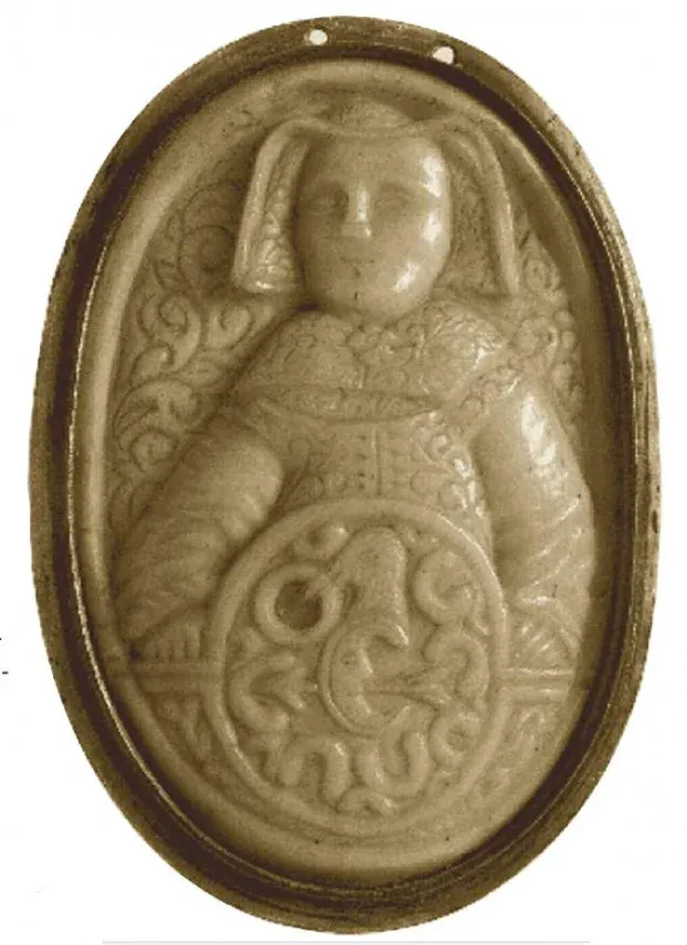 Erzsébet Szilágyi as depicted on an ivory medallion once belonging to the family of the Hungarian novelist Baron Jósika. Collection of the National Museum of the History of Transylvania in Kolozsvár (Cluj-Napoca).
