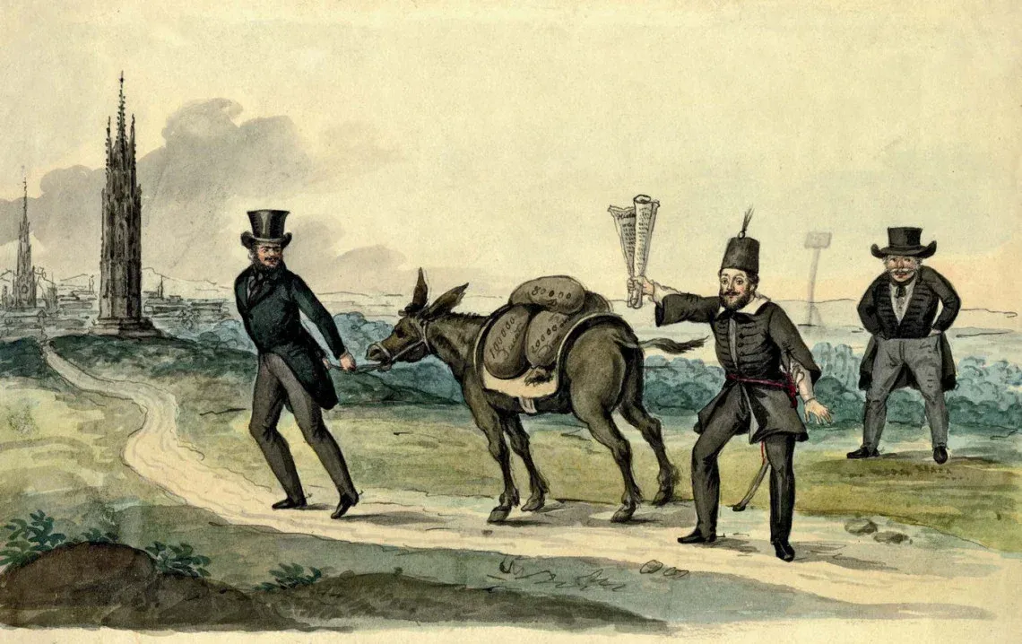 A caricature ridiculing Kossuth’s and Széchenyi’s economic policies. Watercolor by an unknown artist, mid-nineteenth century.