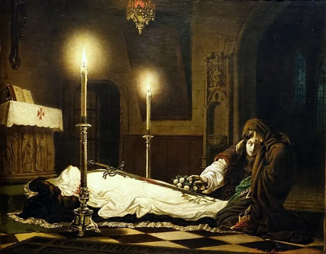 The Mourning of László Hunyadi by Viktor Madarász, 1859. The work is based on a single main motif: the dramatic contrast between the darkened chapel and the illumined corpse lying inside, covered in a white shroud. The face of Erzsébet Szilágyi, the grieving mother, looms large against the dark interior of the chapel. Madarász’s enormous work focuses on the Hungarian hero executed by the Habsburg king Ladislaus V, which encapsulated the public mood in Hungary around 1860: hopelessness, injustice perpetrated against the nation, the betrayal of the king, and the command to remember the dead and the martyrs.